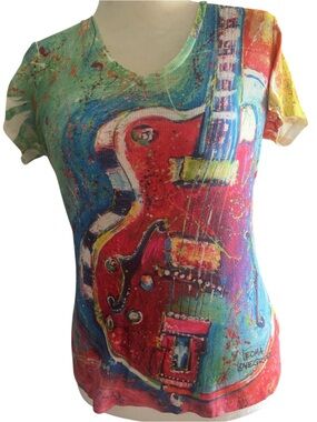 Leoma Lovegrove Ribbed Art Top Large Colorful Guitar Graphic Wearable Art Shirt